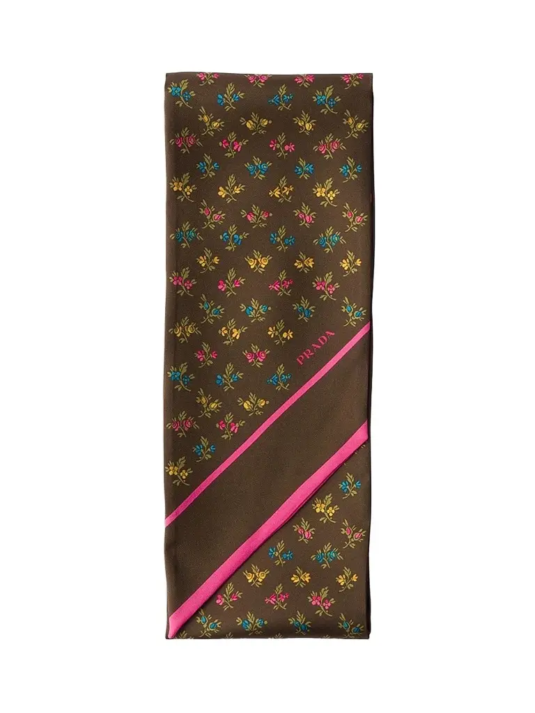 Prada Women's Printed Silk Twill Skinny Scarf - Brown | Image 1 Prada Women's Printed Silk Twill Skinny Scarf - Brown | Image 1