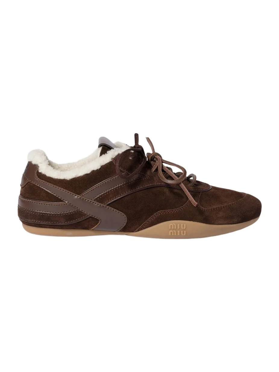 Miu Miu Women's Gymnasium Suede and Shearling Sneakers - Brown