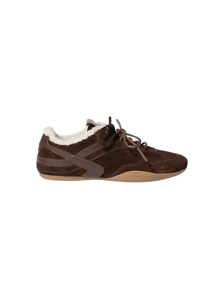 Miu Miu Women's Gymnasium Suede and Shearling Sneakers - Brown | Image 1 Miu Miu Women's Gymnasium Suede and Shearling Sneakers - Brown | Image 1