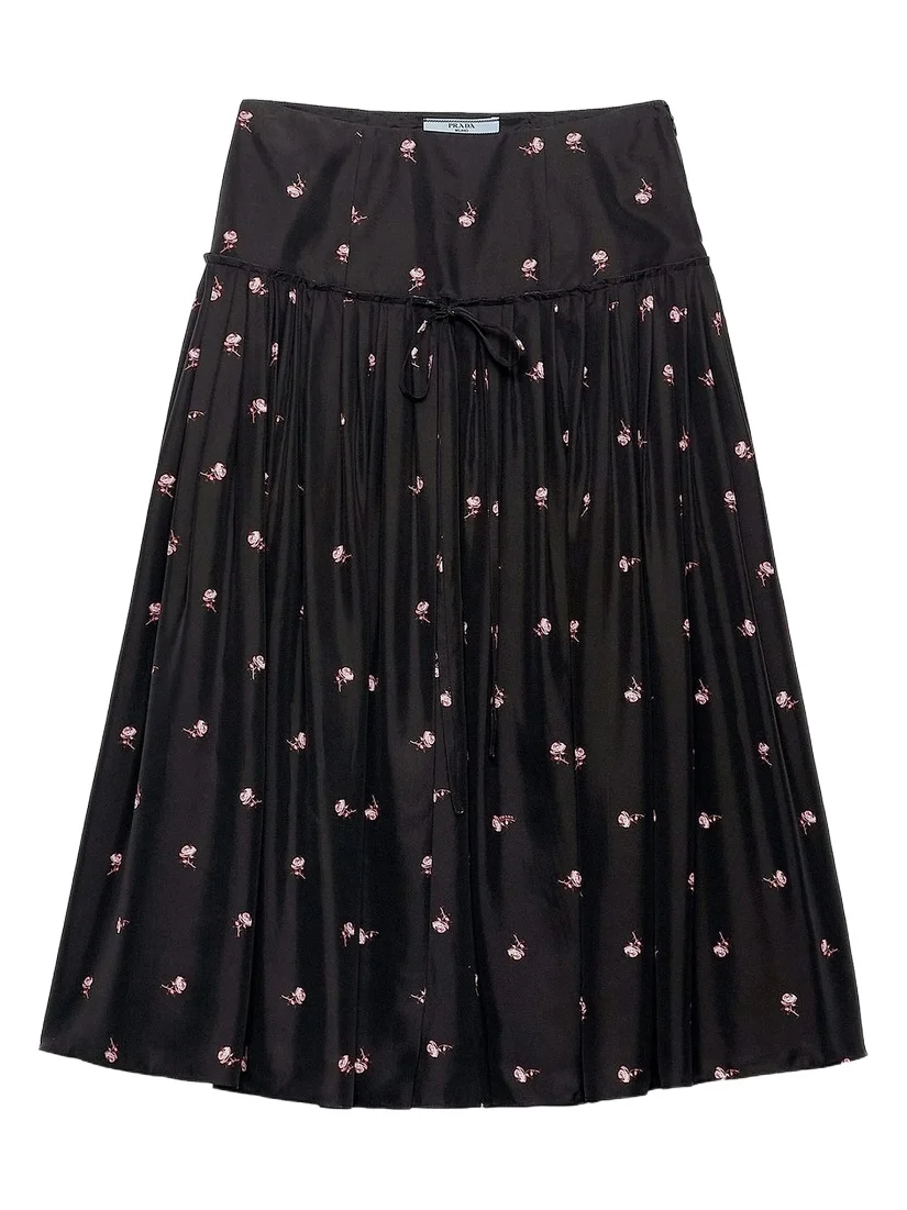Prada Women's Floral Print Washed Silk Midi-Skirt