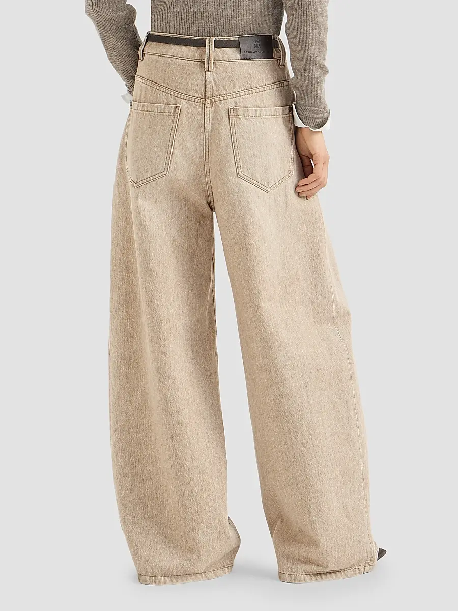 Brunello Cucinelli Women's Authentic Denim Wide Jeans with Monili - Sand | Thumbnail 4 Brunello Cucinelli Women's Authentic Denim Wide Jeans with Monili - Sand | Thumbnail 4