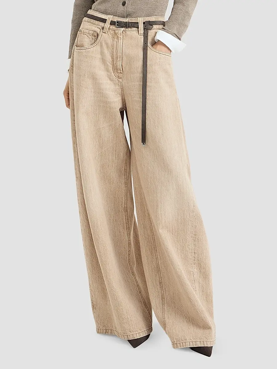 Brunello Cucinelli Women's Authentic Denim Wide Jeans with Monili - Sand | Thumbnail 5 Brunello Cucinelli Women's Authentic Denim Wide Jeans with Monili - Sand | Thumbnail 5