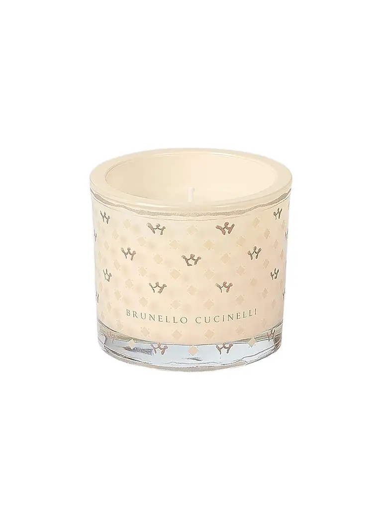 Brunello Cucinelli Candle in Small Glass Holder with Geometric Pattern - Milk | Image 1 Brunello Cucinelli Candle in Small Glass Holder with Geometric Pattern - Milk | Image 1