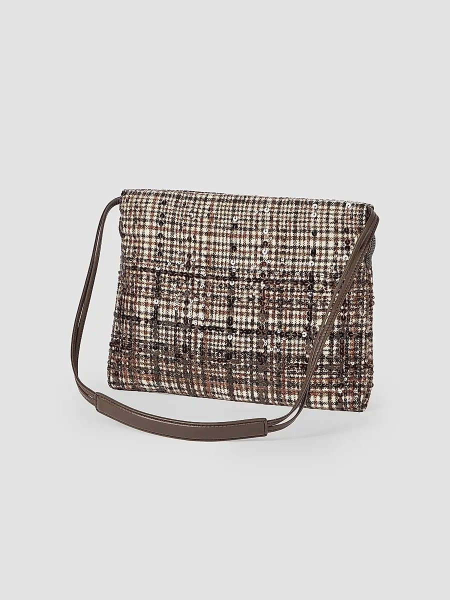 Brunello Cucinelli Women's Pouch Bag in Water-Resistant Checked Alpaca and Wool - Brown | Thumbnail 2 Brunello Cucinelli Women's Pouch Bag in Water-Resistant Checked Alpaca and Wool - Brown | Thumbnail 2