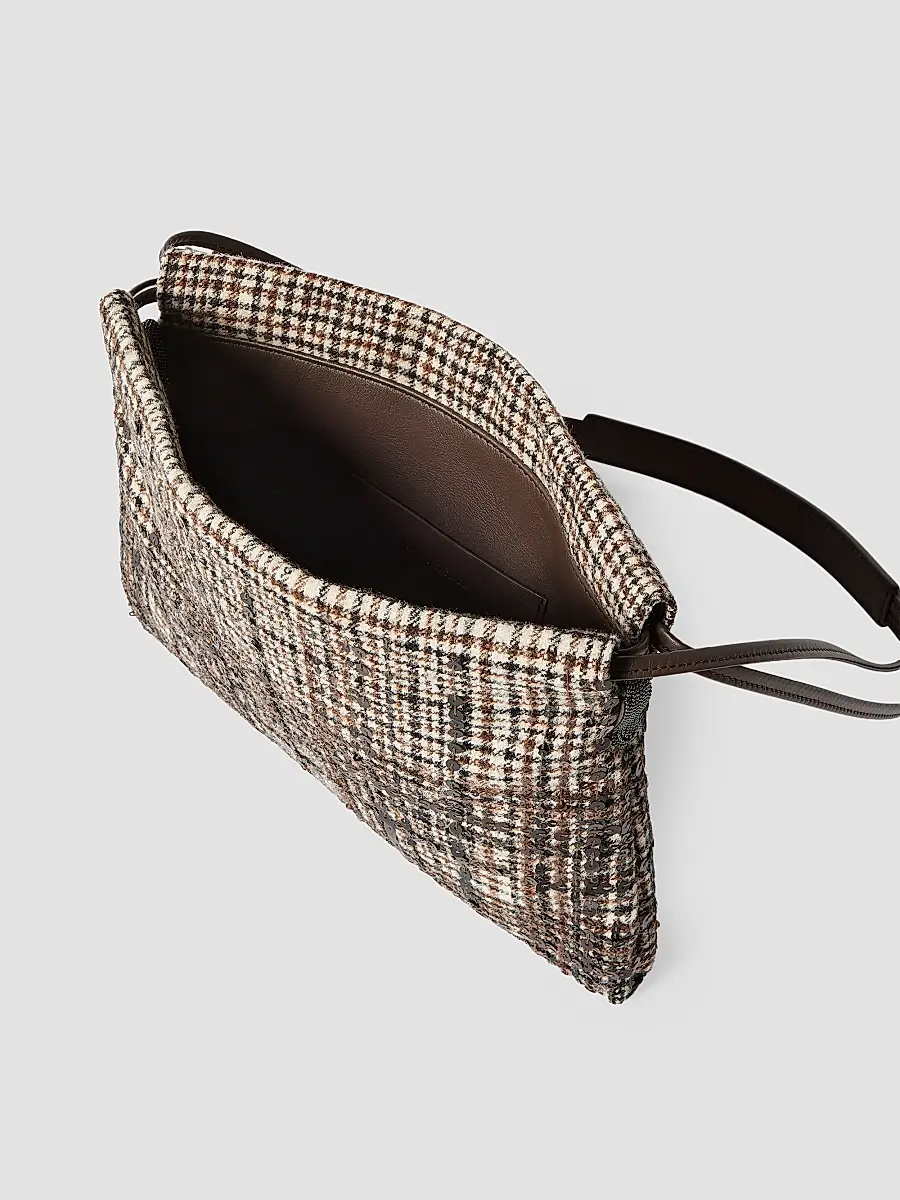 Brunello Cucinelli Women's Pouch Bag in Water-Resistant Checked Alpaca and Wool - Brown | Thumbnail 3 Brunello Cucinelli Women's Pouch Bag in Water-Resistant Checked Alpaca and Wool - Brown | Thumbnail 3