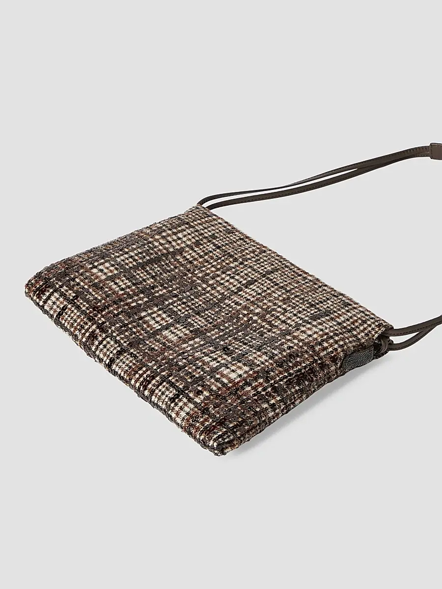Brunello Cucinelli Women's Pouch Bag in Water-Resistant Checked Alpaca and Wool - Brown | Thumbnail 4 Brunello Cucinelli Women's Pouch Bag in Water-Resistant Checked Alpaca and Wool - Brown | Thumbnail 4