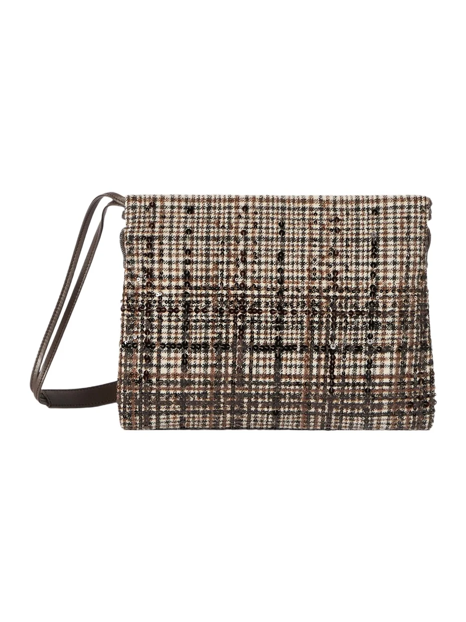 Women's Pouch Bag in Water-Resistant Checked Alpaca and Wool - Brown