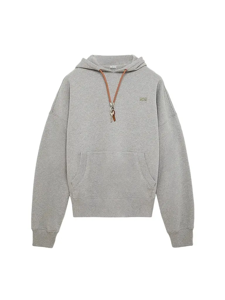 Loewe Men's Keyring Leather Drawstring Cotton Hoodie - Grey Melange | Image 1 Loewe Men's Keyring Leather Drawstring Cotton Hoodie - Grey Melange | Image 1