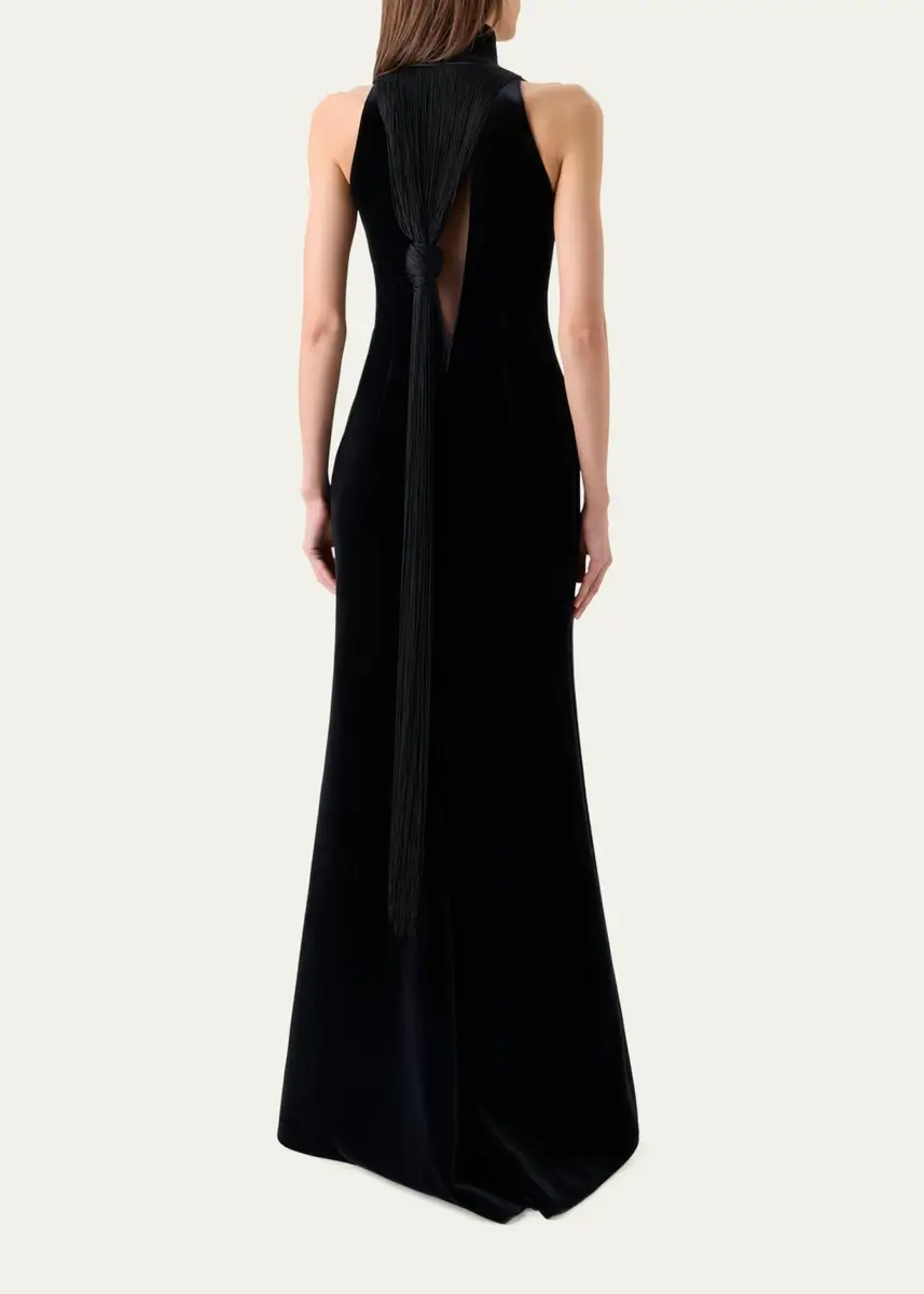 Akris Mock-Neck Fringe Knot Sleeveless Velvet Trumpet Gown | Thumbnail 3
