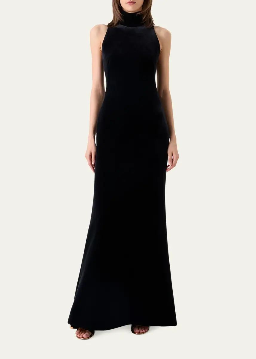 Akris Mock-Neck Fringe Knot Sleeveless Velvet Trumpet Gown | Thumbnail 4