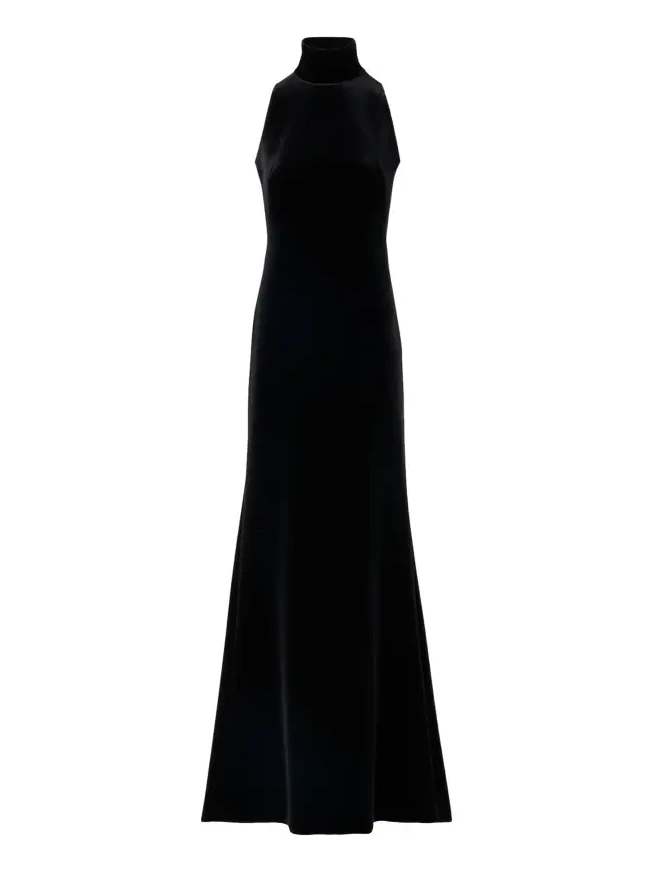 Mock-Neck Fringe Knot Sleeveless Velvet Trumpet Gown Mock-Neck Fringe Knot Sleeveless Velvet Trumpet Gown