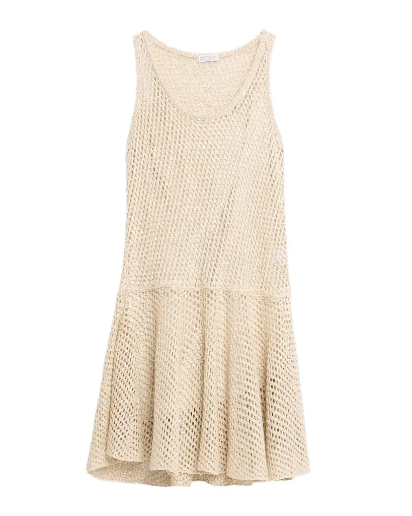 Brunello Cucinelli Sleeveless Shimmering Net Knit Mini Flounce Dress | Image 1 Brunello Cucinelli Sleeveless Shimmering Net Knit Mini Flounce Dress | Image 1