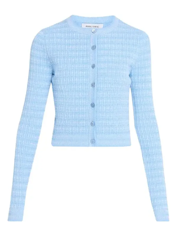 Striped Rib Knit Fitted Crewneck Cardigan Striped Rib Knit Fitted Crewneck Cardigan