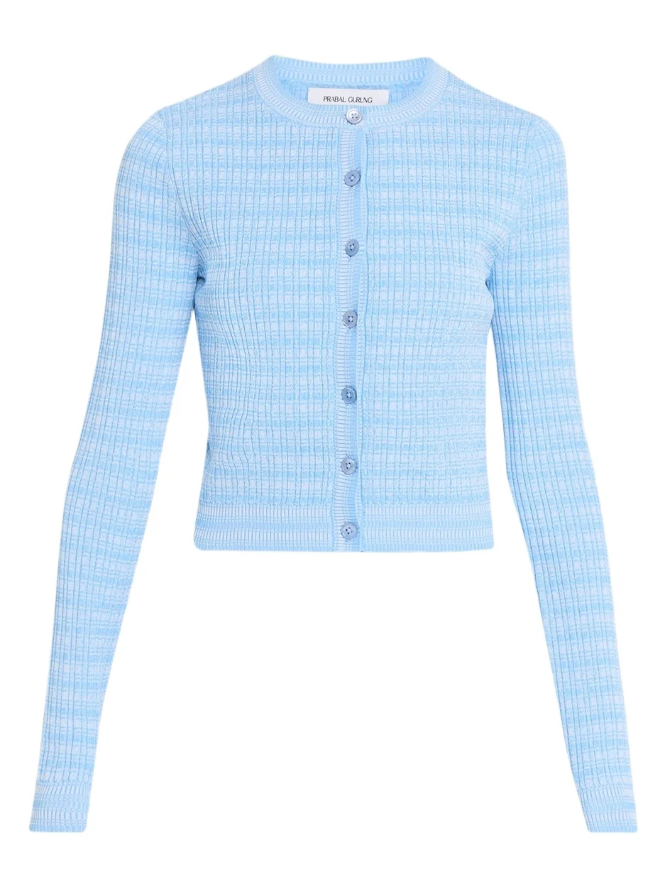 PRABAL GURUNG Striped Rib Knit Fitted Crewneck Cardigan