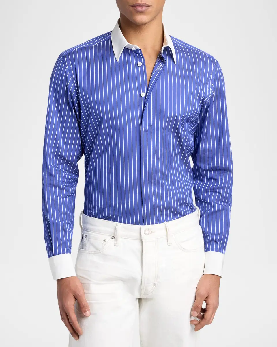 Tom Ford Men's Silk Pinstripe Contrast-Trim Dress Shirt | Thumbnail 3 Tom Ford Men's Silk Pinstripe Contrast-Trim Dress Shirt | Thumbnail 3