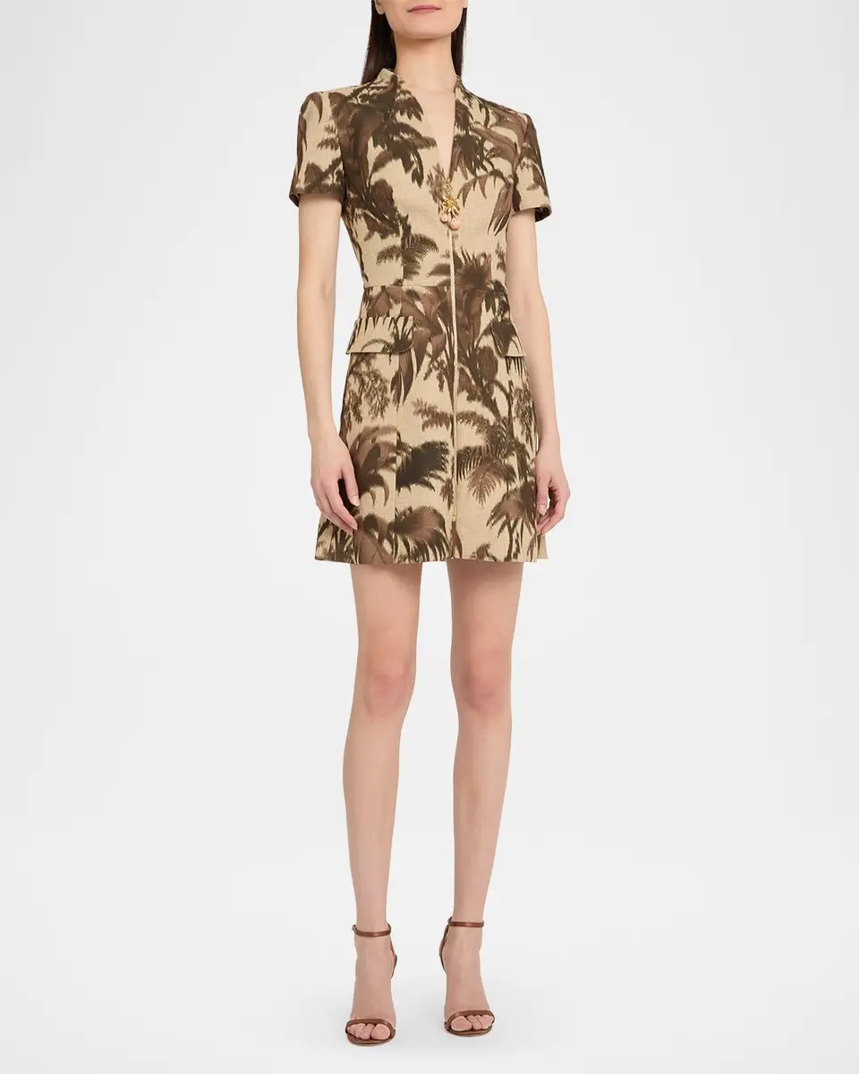 Oscar de la Renta Chine Palm-Print Short-Sleeve Zip Mini Dress | Thumbnail 4 Oscar de la Renta Chine Palm-Print Short-Sleeve Zip Mini Dress | Thumbnail 4