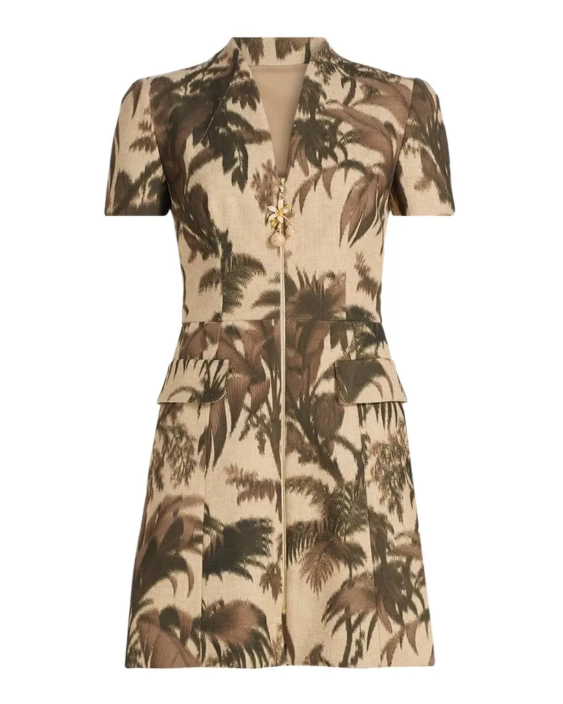 Oscar de la Renta Chine Palm-Print Short-Sleeve Zip Mini Dress | Image 1 Oscar de la Renta Chine Palm-Print Short-Sleeve Zip Mini Dress | Image 1