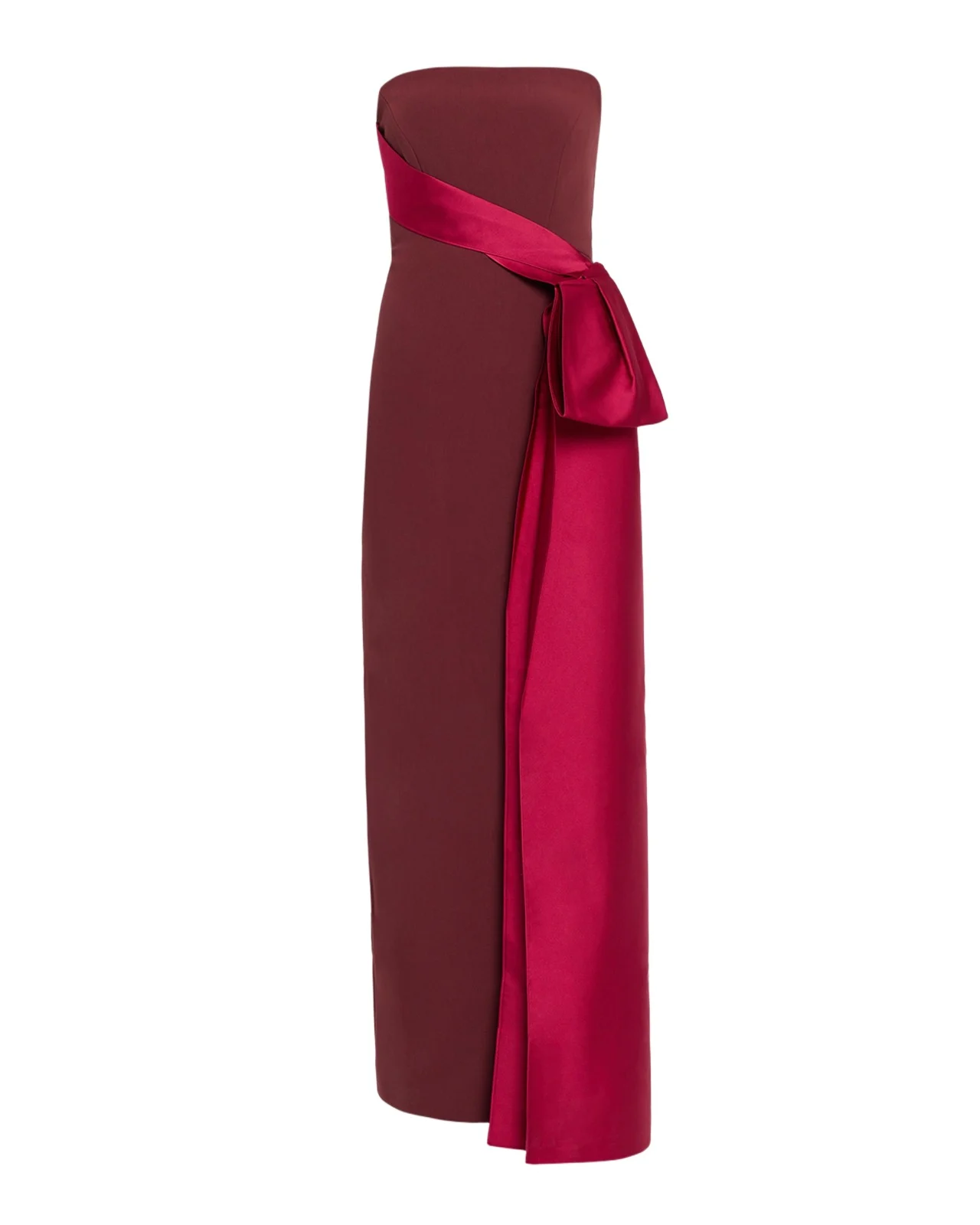 Strapless Draped Satin Bow Column Gown