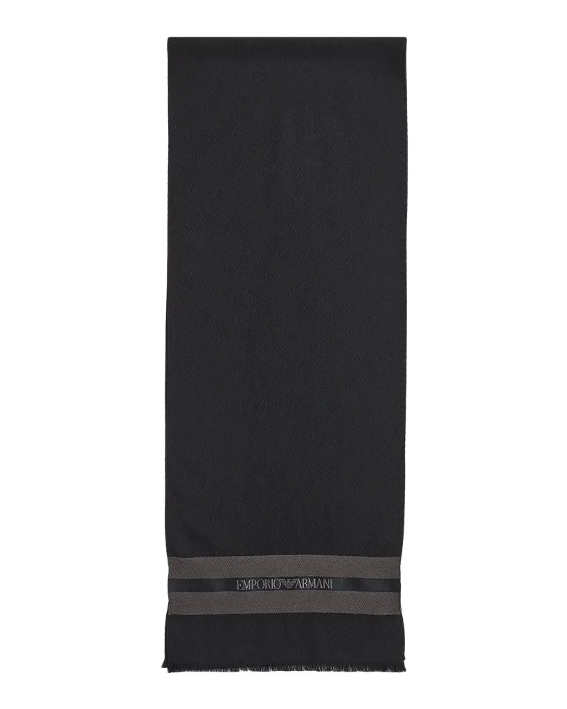 Emporio Armani Men's Wool and Silk Stripe-Logo Scarf | Image 1 Emporio Armani Men's Wool and Silk Stripe-Logo Scarf | Image 1