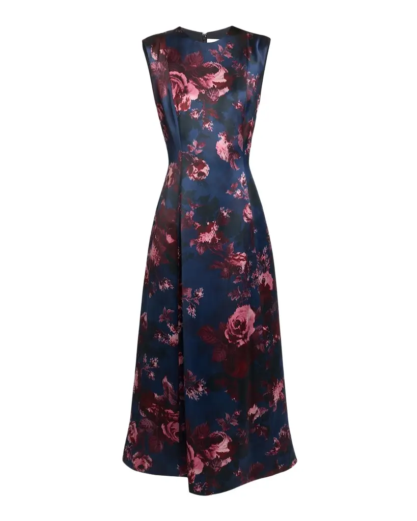 Erdem Floral Duchess Satin Sleeveless Midi Dress | Image 1 Erdem Floral Duchess Satin Sleeveless Midi Dress | Image 1