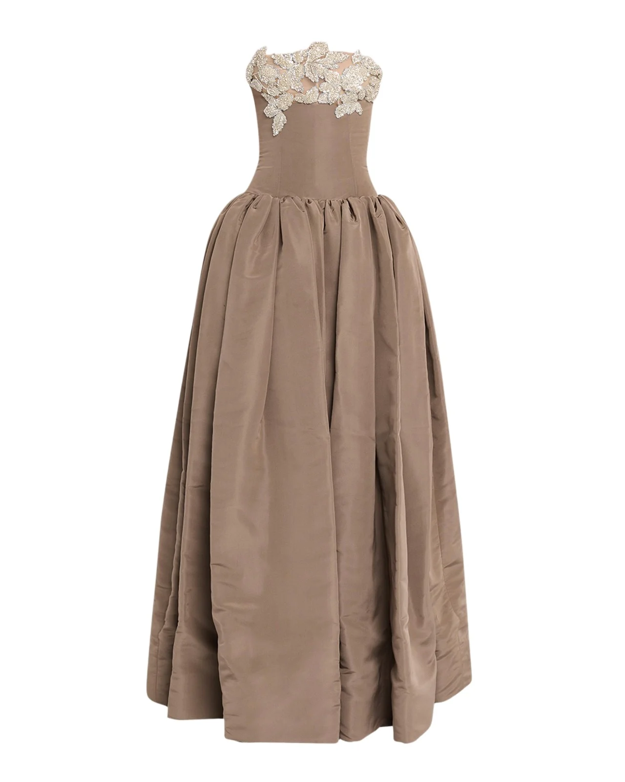 Oscar de la Renta Strapless Shiny Leaves Drop-Waist Ball Gown