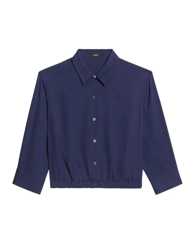 Theory Scrunched-Sleeve Cropped Button-Front Silk Shirt | Image 1 Theory Scrunched-Sleeve Cropped Button-Front Silk Shirt | Image 1