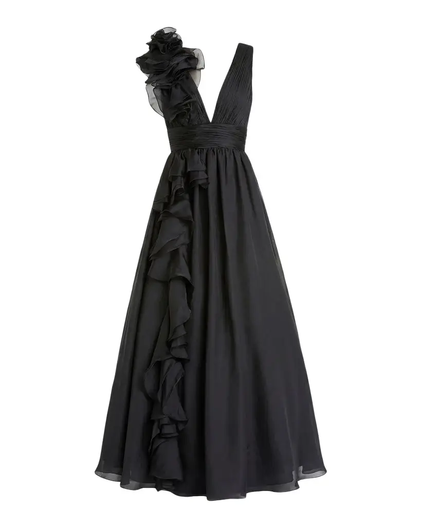 Mac Duggal Plunging V-Neck Ruffled Ball Gown