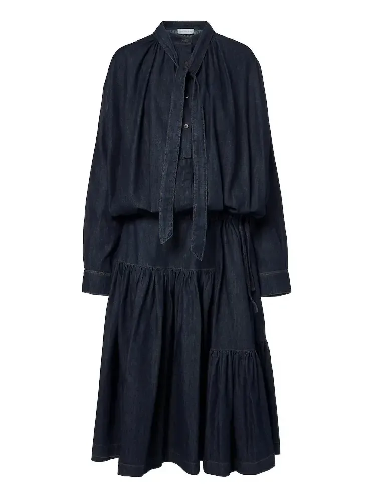 Dries Van Noten Tie-neck denim midi dress