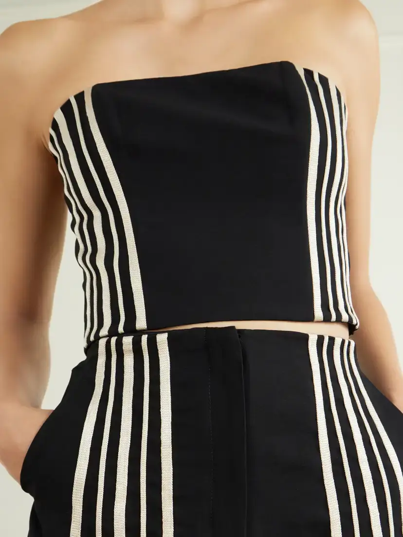 ANDRES OTALORA Tan Amada Strapless Striped Embroidered Twill Cropped Top | Thumbnail 4 ANDRES OTALORA Tan Amada Strapless Striped Embroidered Twill Cropped Top | Thumbnail 4