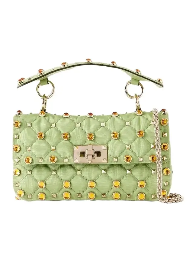 Rockstud Spike Studded Bead-embellished Quilted Moire Top-handle Bag Rockstud Spike Studded Bead-embellished Quilted Moire Top-handle Bag