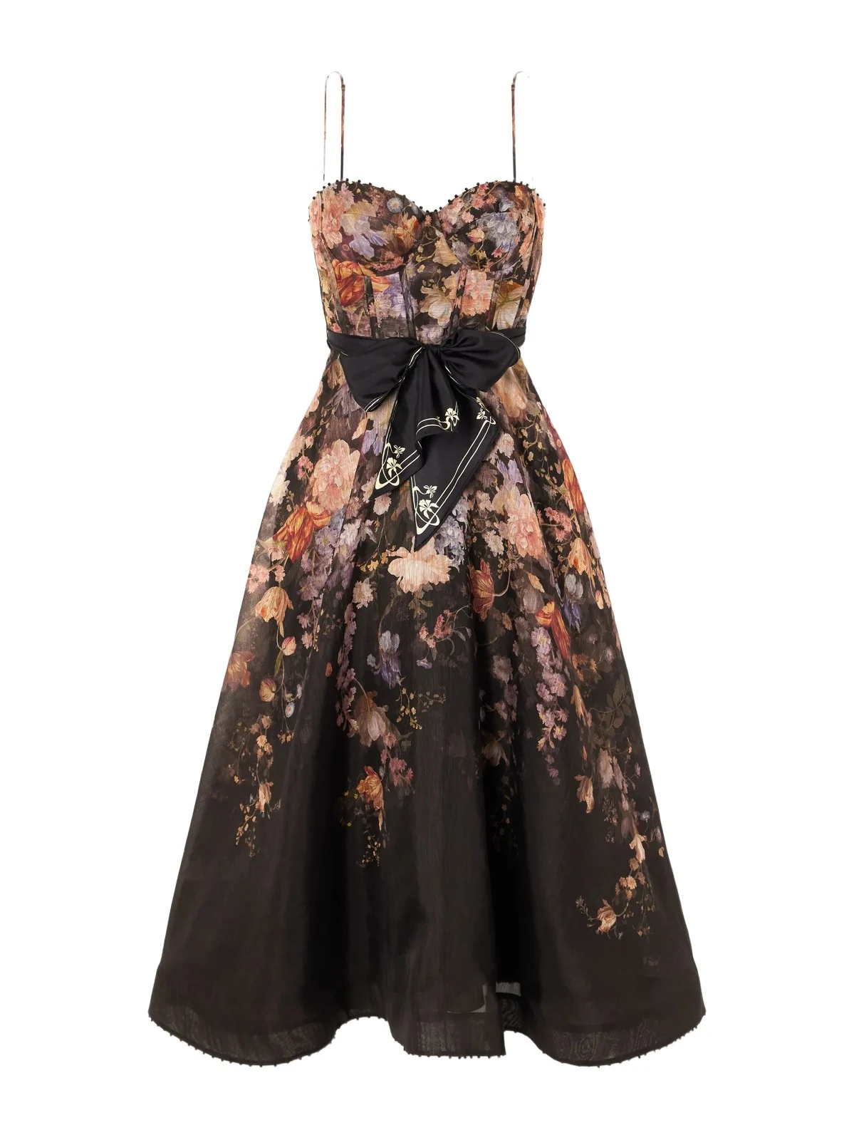 Valiant Belted Floral-print Linen And Silk-blend Bustier Midi Dress