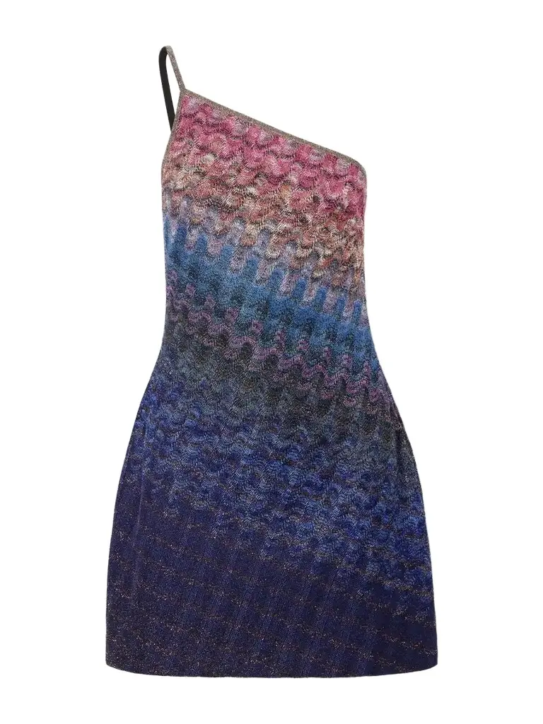 One-shoulder Metallic Crochet-knit Mini Dress