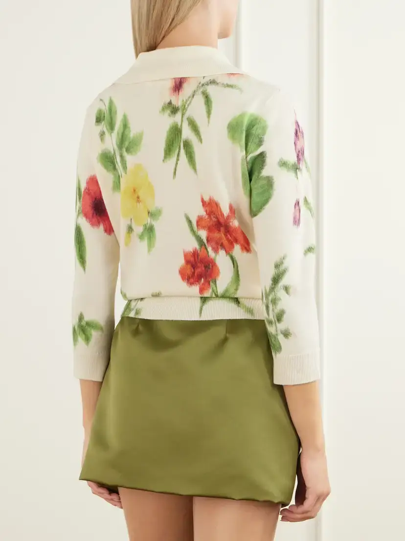 Oscar de la Renta Floral-printed Wool Polo Sweater | Thumbnail 3 Oscar de la Renta Floral-printed Wool Polo Sweater | Thumbnail 3