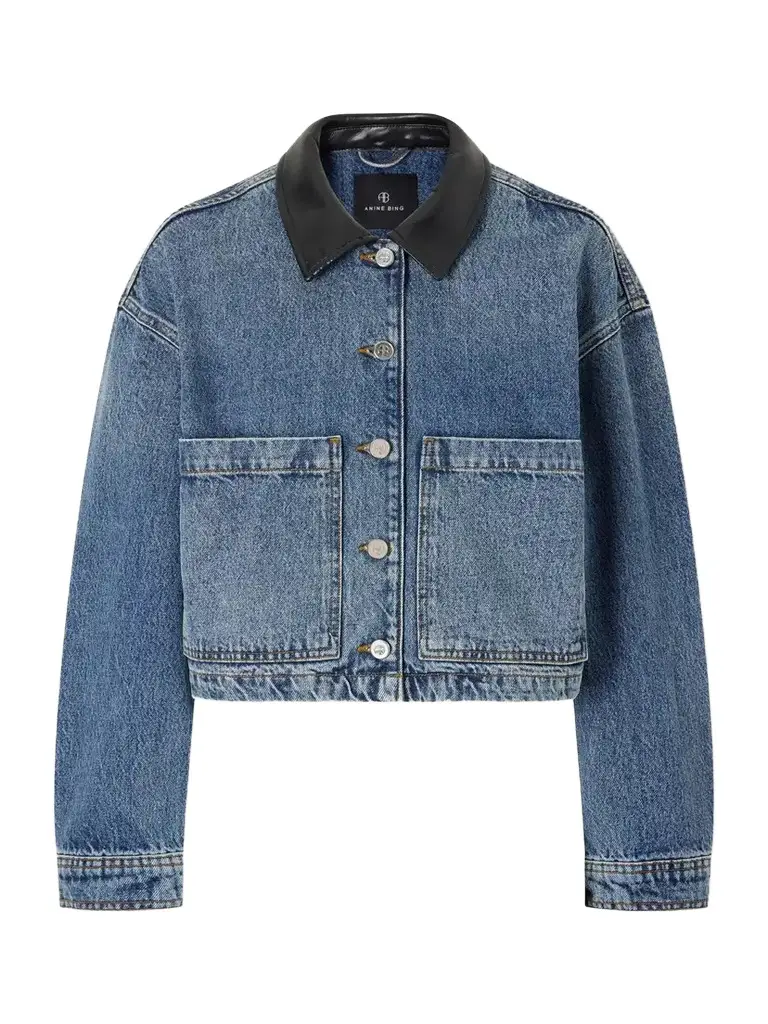 Anine Bing Yuma Cropped Textured-trimmed Denim Jacket | Image 1 Anine Bing Yuma Cropped Textured-trimmed Denim Jacket | Image 1