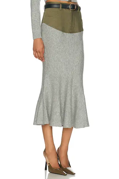 Self-Portrait Knit Khaki Denim Insert Midi Skirt | Thumbnail 2