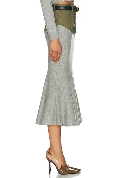 Self-Portrait Knit Khaki Denim Insert Midi Skirt | Thumbnail 3