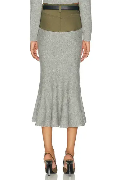 Self-Portrait Knit Khaki Denim Insert Midi Skirt | Thumbnail 4