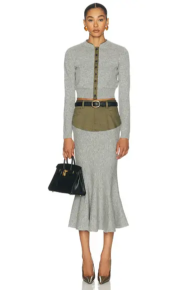 Self-Portrait Knit Khaki Denim Insert Midi Skirt | Thumbnail 5