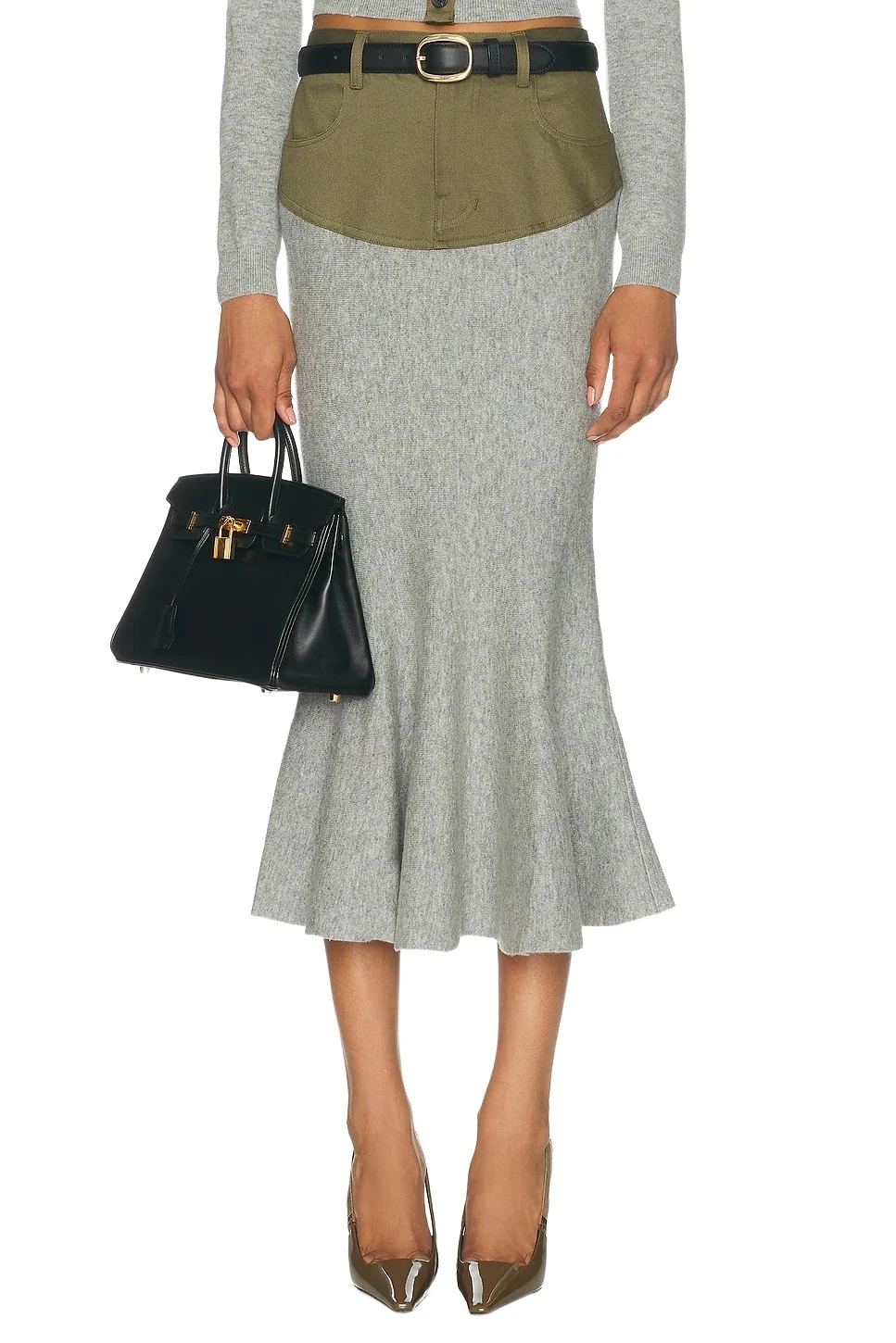 Self-Portrait Knit Khaki Denim Insert Midi Skirt