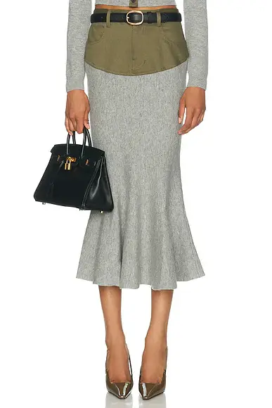 Self-Portrait Knit Khaki Denim Insert Midi Skirt