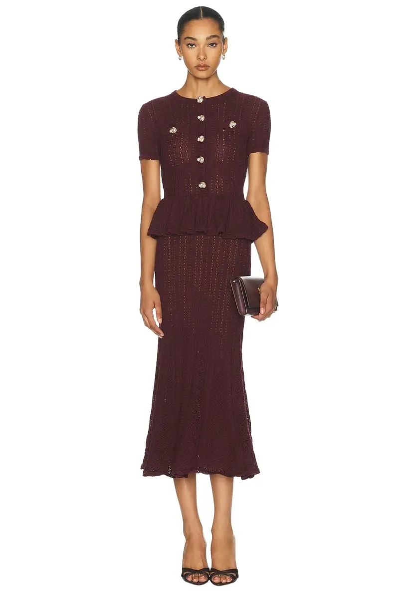 Pointelle Peplum Knit Midi Dress