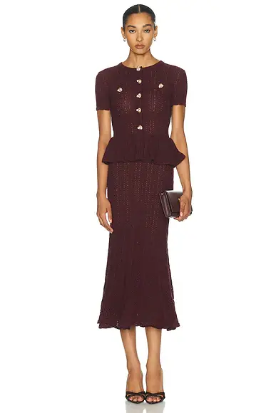 Self-Portrait Pointelle Peplum Knit Midi Dress | Image 1 Self-Portrait Pointelle Peplum Knit Midi Dress | Image 1