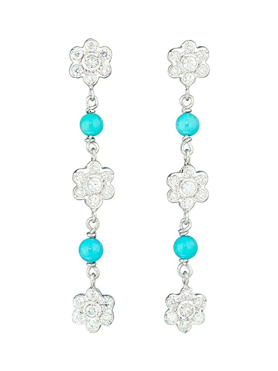 GuitaM Diamond and Turquoise Flower Drop Earrings