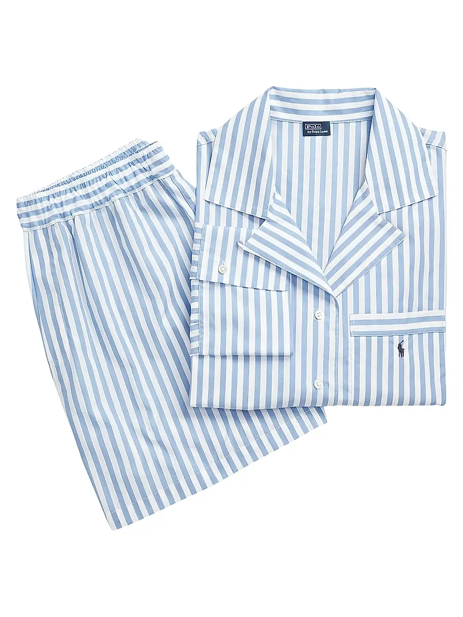 Polo Ralph Lauren Women's Shirting Stripes Cropped 2-Piece Pajama Set - Wide Stripes | Image 1 Polo Ralph Lauren Women's Shirting Stripes Cropped 2-Piece Pajama Set - Wide Stripes | Image 1