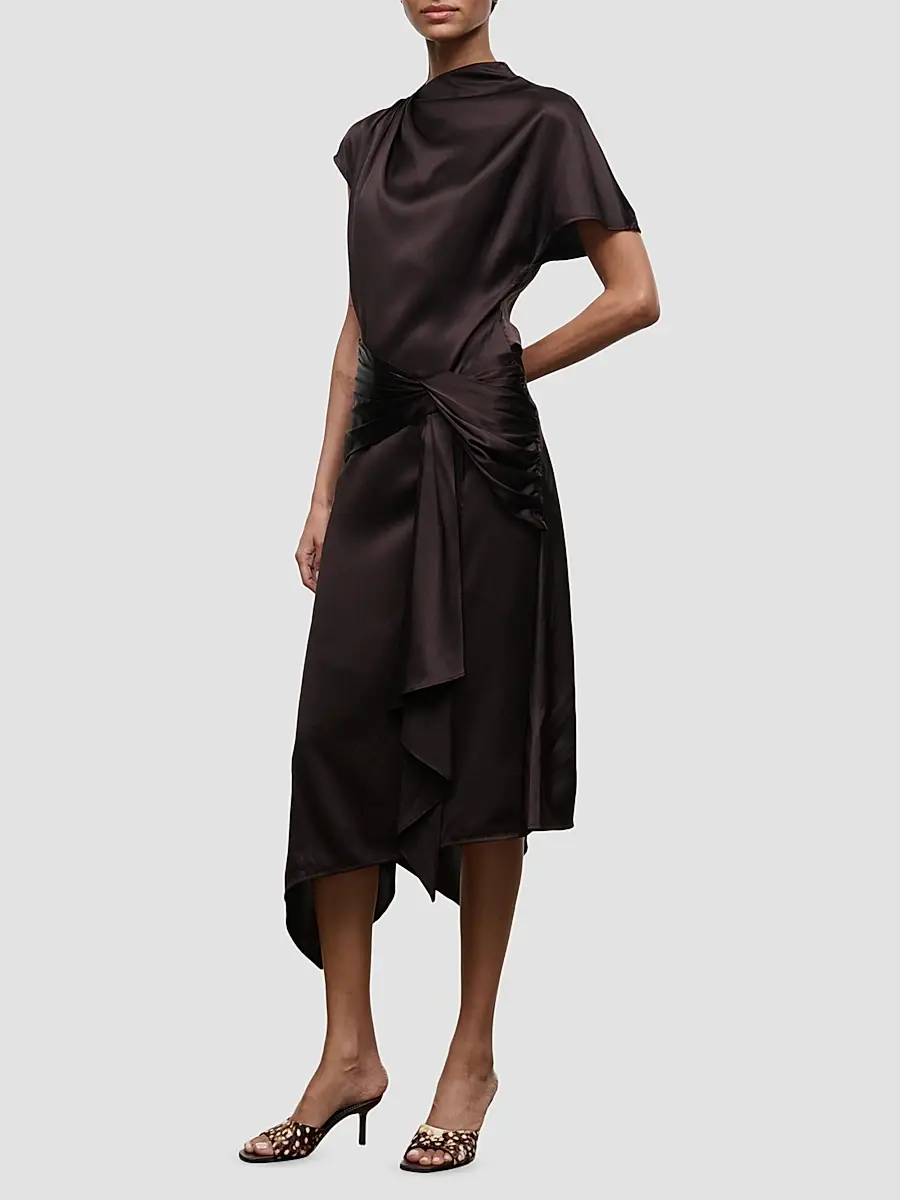 Staud Women's Davina Front-Knot Asymmetric Satin Midi Dress | Thumbnail 2 Staud Women's Davina Front-Knot Asymmetric Satin Midi Dress | Thumbnail 2