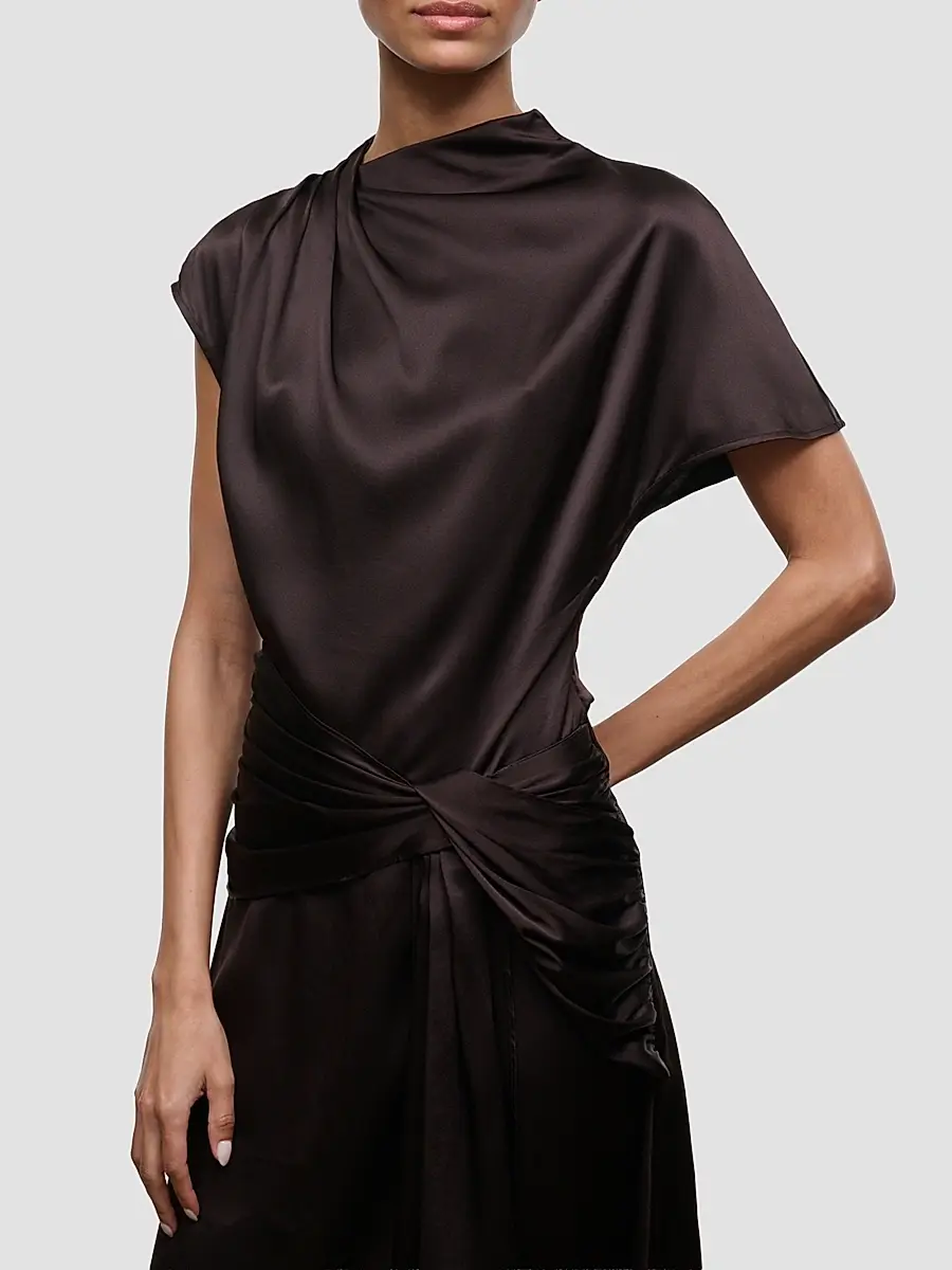 Staud Women's Davina Front-Knot Asymmetric Satin Midi Dress | Thumbnail 5 Staud Women's Davina Front-Knot Asymmetric Satin Midi Dress | Thumbnail 5
