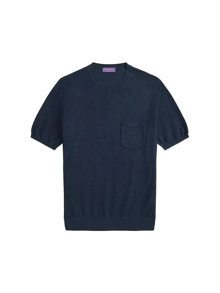 Ralph Lauren Purple Label Men's Cotton-Silk Textured Short-Sleeve Sweater - Racing Navy | Image 1 Ralph Lauren Purple Label Men's Cotton-Silk Textured Short-Sleeve Sweater - Racing Navy | Image 1