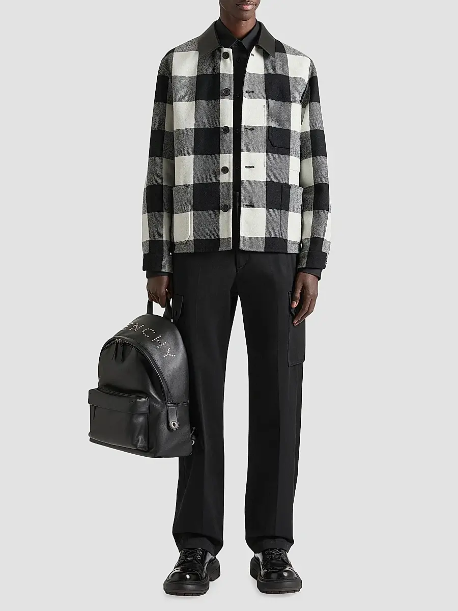 Givenchy Men's Checked Overshirt in Wool with Leather Collar - Cream Black | Thumbnail 2 Givenchy Men's Checked Overshirt in Wool with Leather Collar - Cream Black | Thumbnail 2