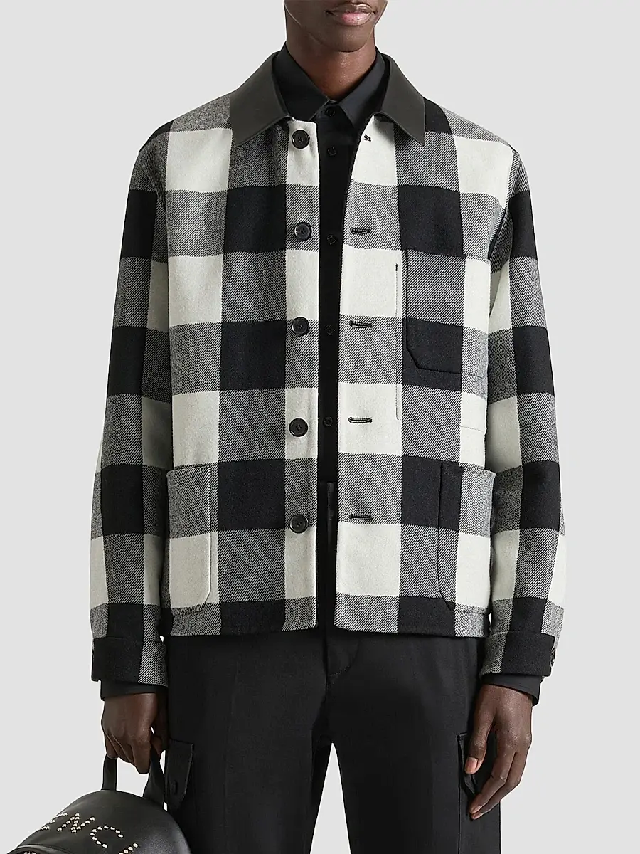 Givenchy Men's Checked Overshirt in Wool with Leather Collar - Cream Black | Thumbnail 3 Givenchy Men's Checked Overshirt in Wool with Leather Collar - Cream Black | Thumbnail 3