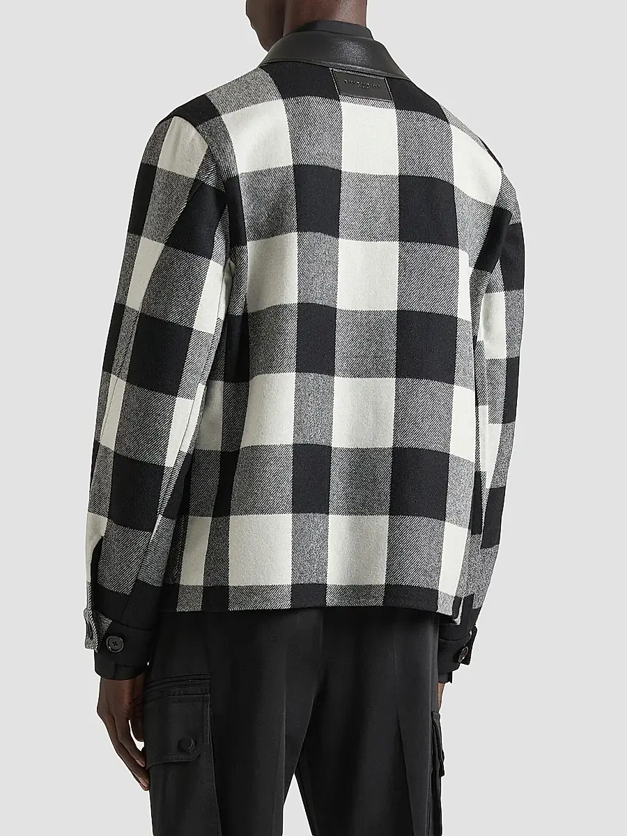Givenchy Men's Checked Overshirt in Wool with Leather Collar - Cream Black | Thumbnail 4 Givenchy Men's Checked Overshirt in Wool with Leather Collar - Cream Black | Thumbnail 4